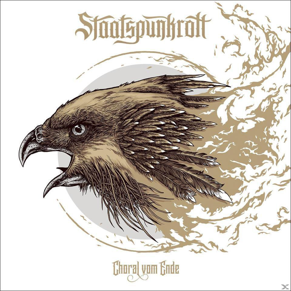 Albumcover. Ein stilisierter Adlerkopf mit Text oben und unten. Titel: Choral vom Ende.
