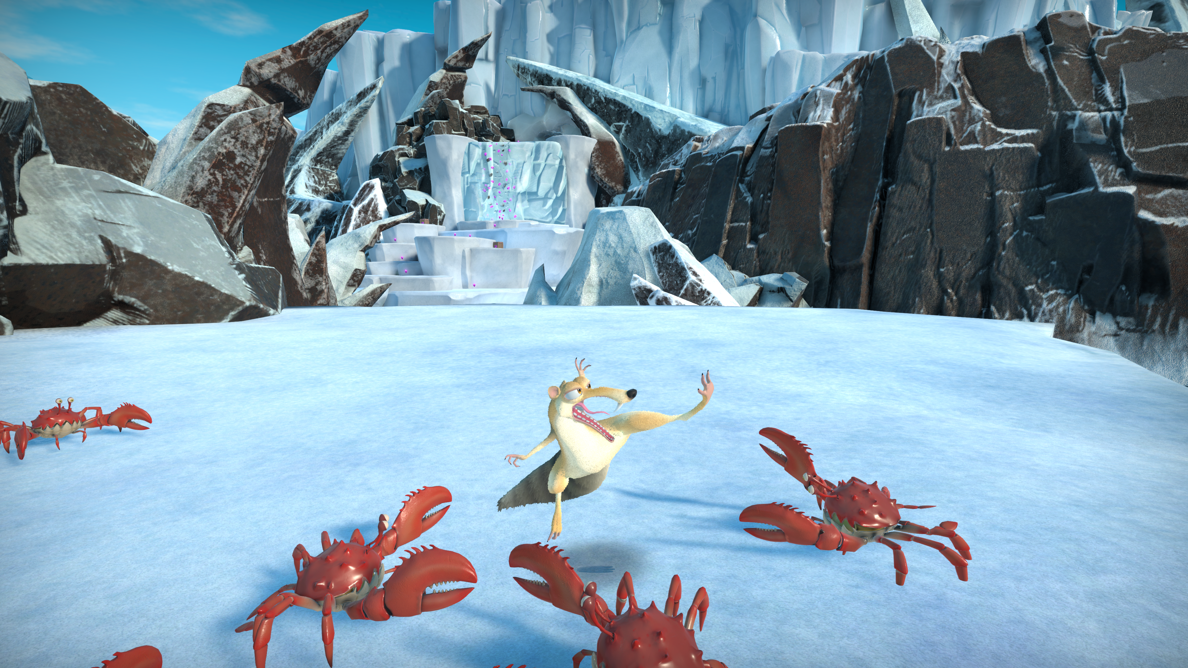 Scrat da L'era glaciale in una scena innevata con granchi rossi e formazioni di ghiaccio sullo sfondo.
