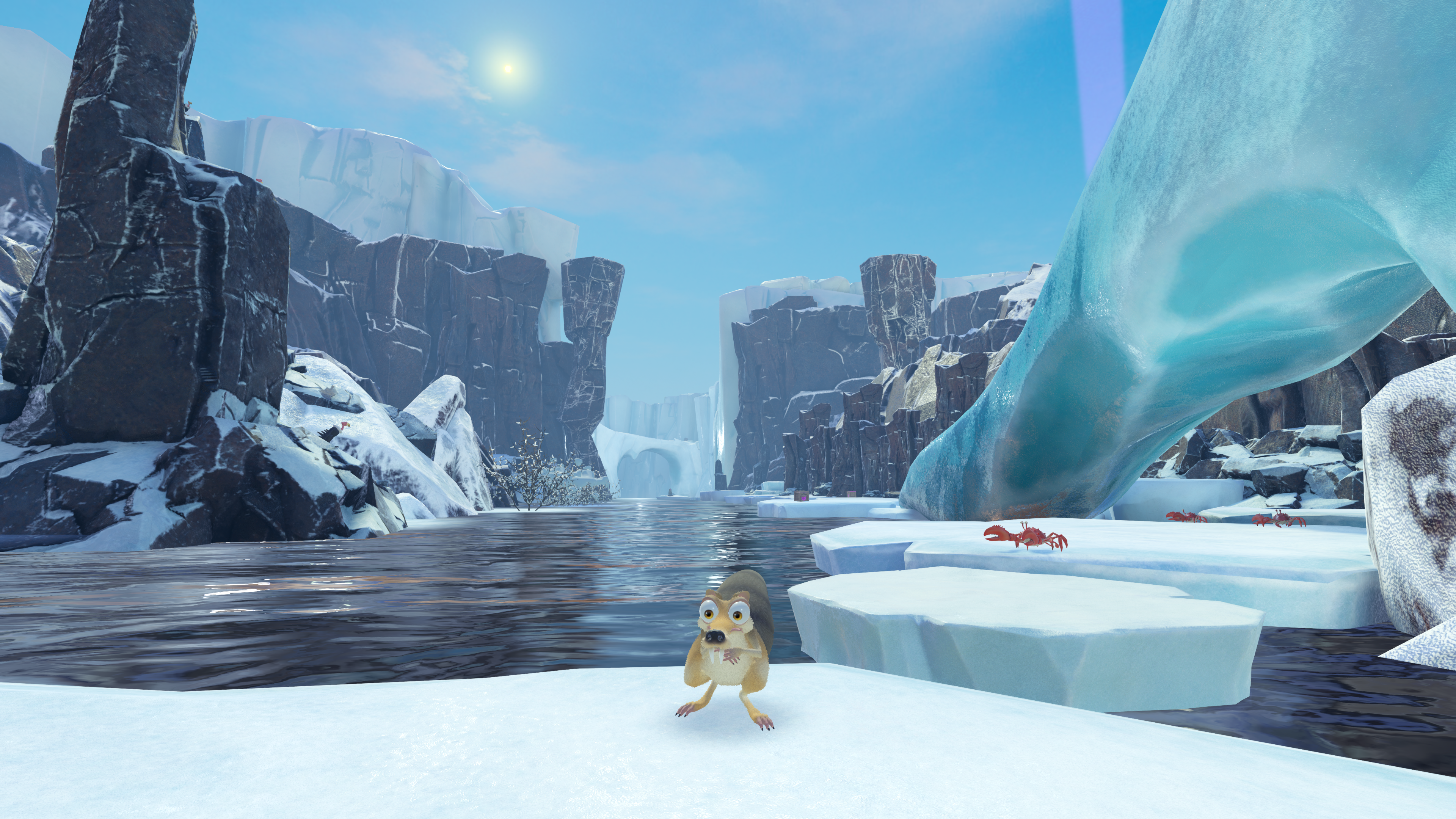 Scena di Ice Age con Scrat che corre, iceberg, acqua e granchi rossi.