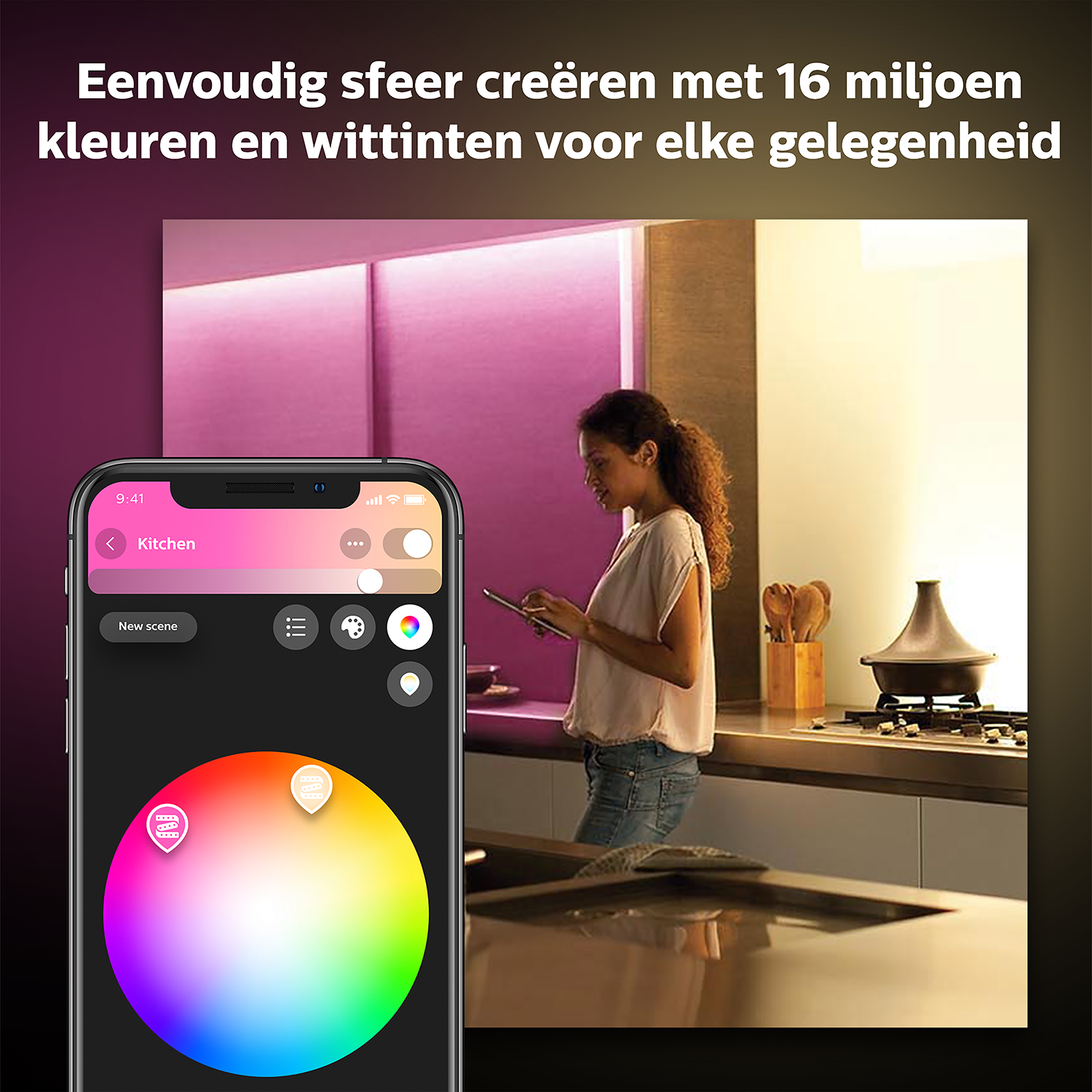 Vrouw met een smartphone die slimme verlichting in een keukensetting bedient.