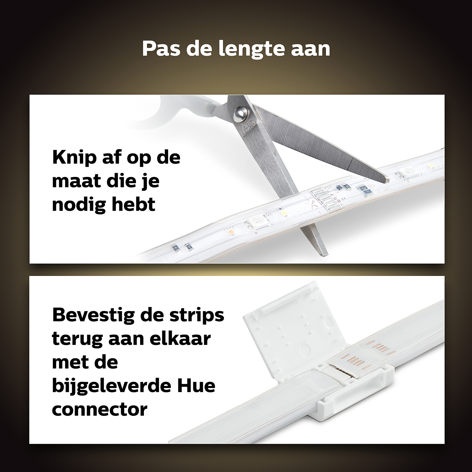 Instructies over hoe je de LED-strip kunt knippen en aansluiten. Schaar knipt de strip, vervolgens verbonden met een onderdeel.