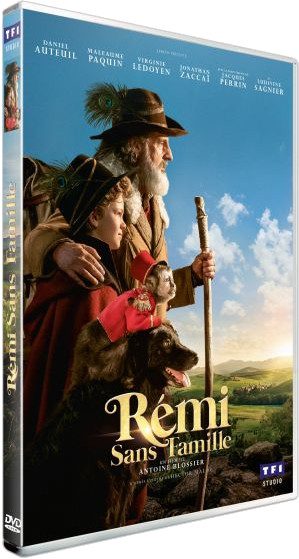 Couverture de DVD avec trois personnages : un homme, un garçon et un chien. Le titre est Rémi Sans Famille.