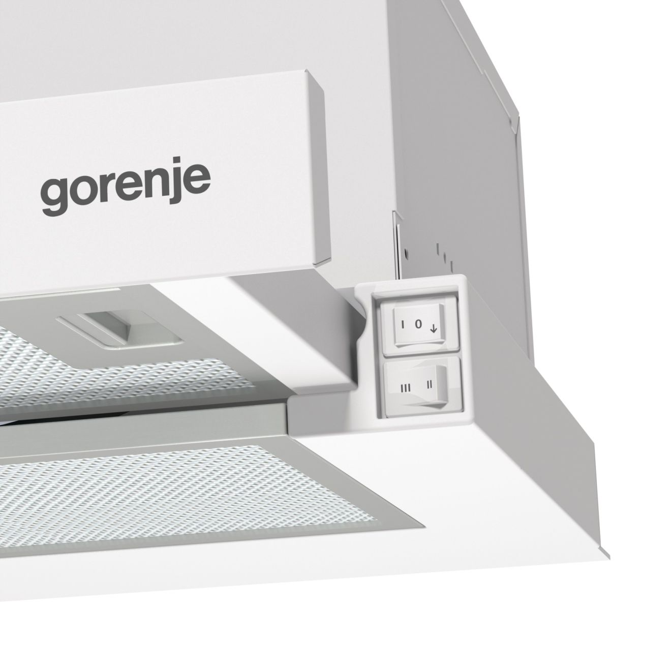 Fehér páraelszívó kapcsolókkal és a Gorenje logóval. A háttér fehér.