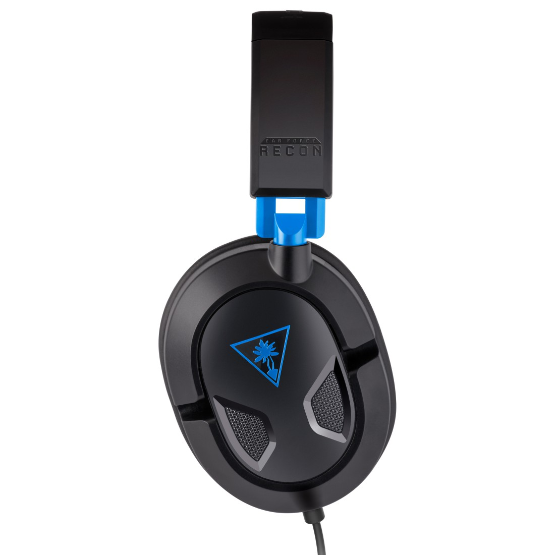 Schwarzes Gaming-Headset mit blauen Akzenten, weißes Logo. Vorderansicht.