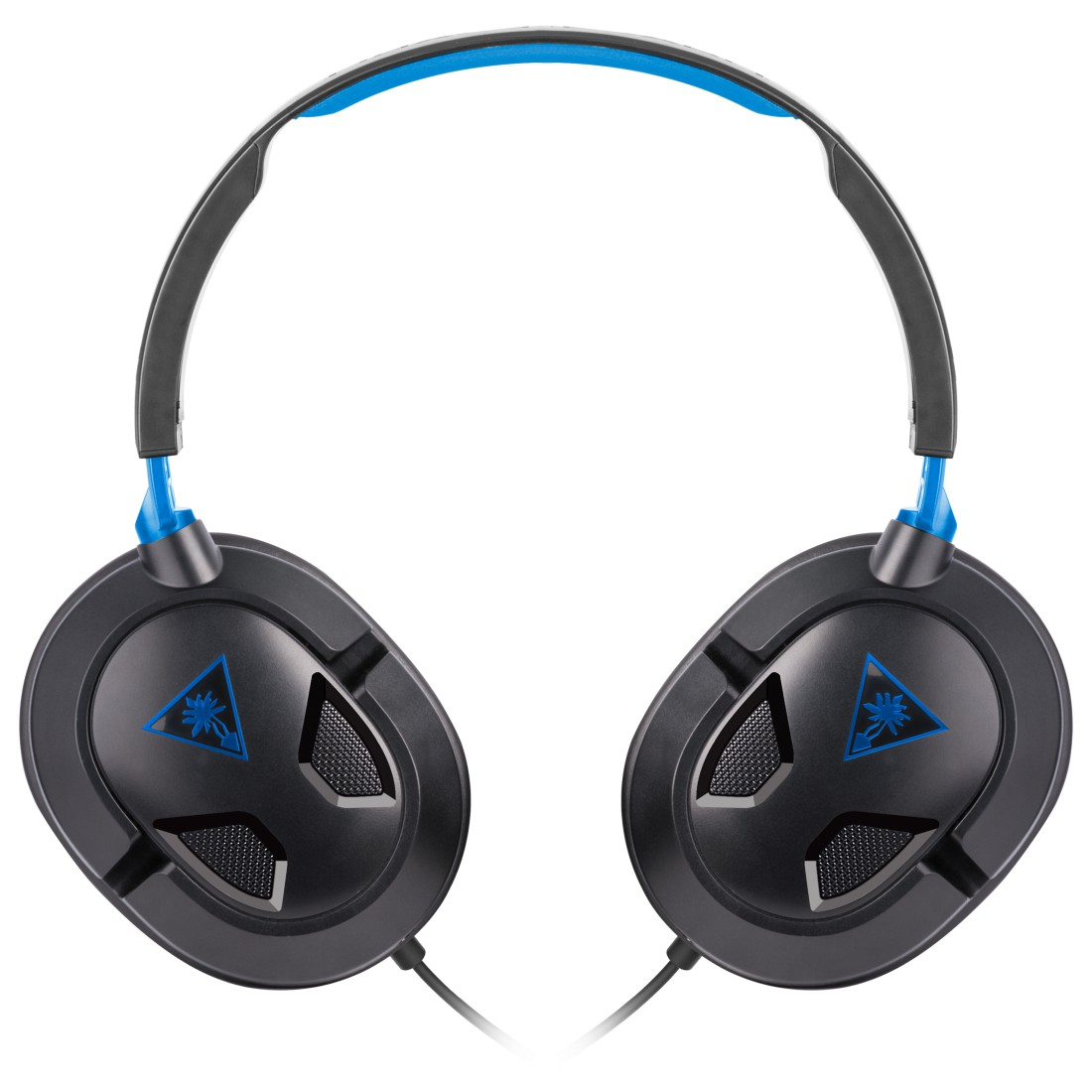 Ein schwarz-blaues Gaming-Headset, Vorderansicht, auf weißem Hintergrund.