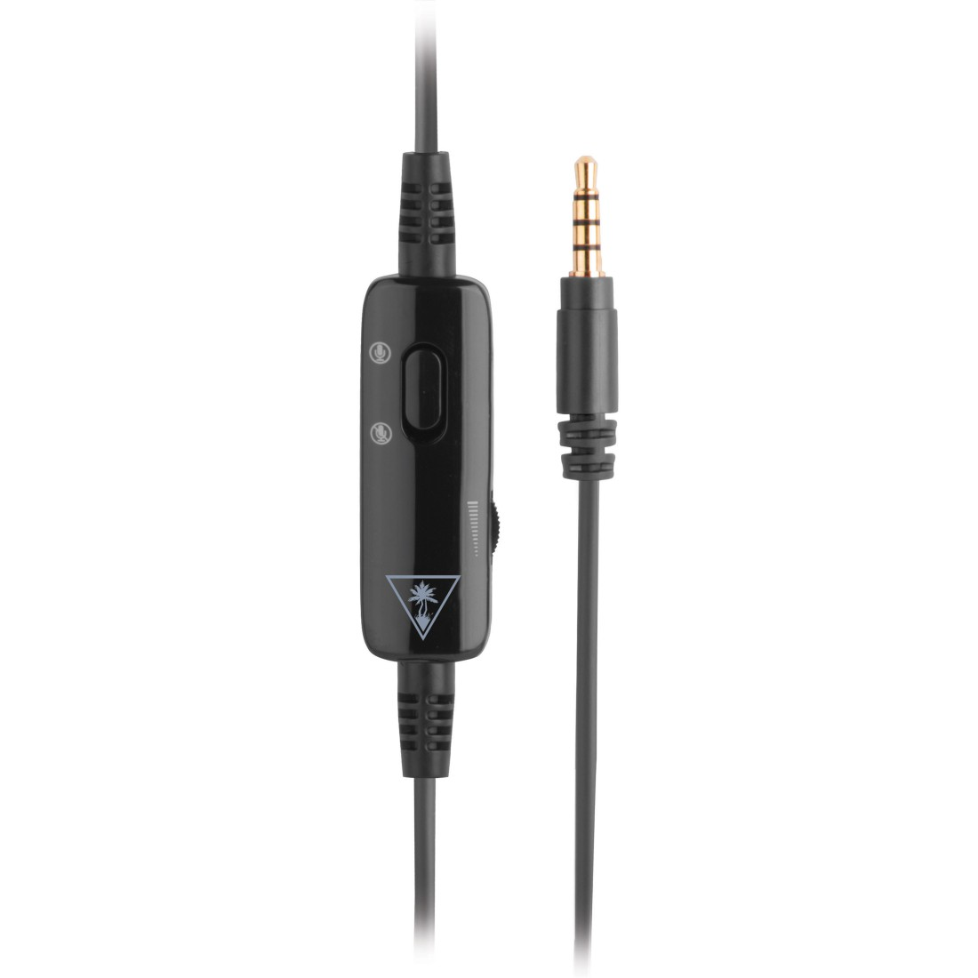 Schwarzes Kabel mit einem Steuermodul und einem goldfarbenen Audioanschluss.