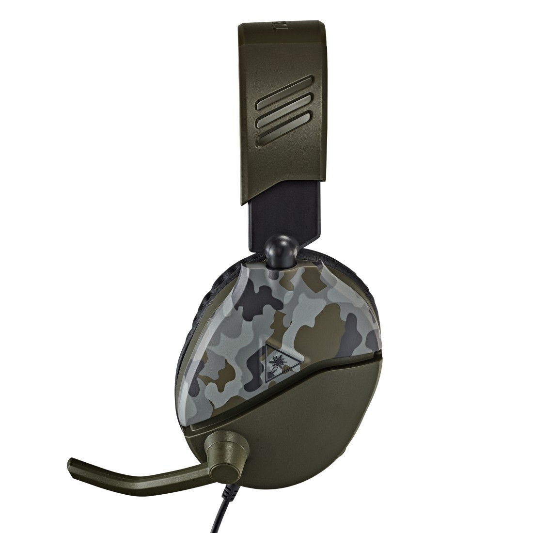 Ein olivgrünes Headset mit Camouflage-Ohrmuschel und Mikrofon links.