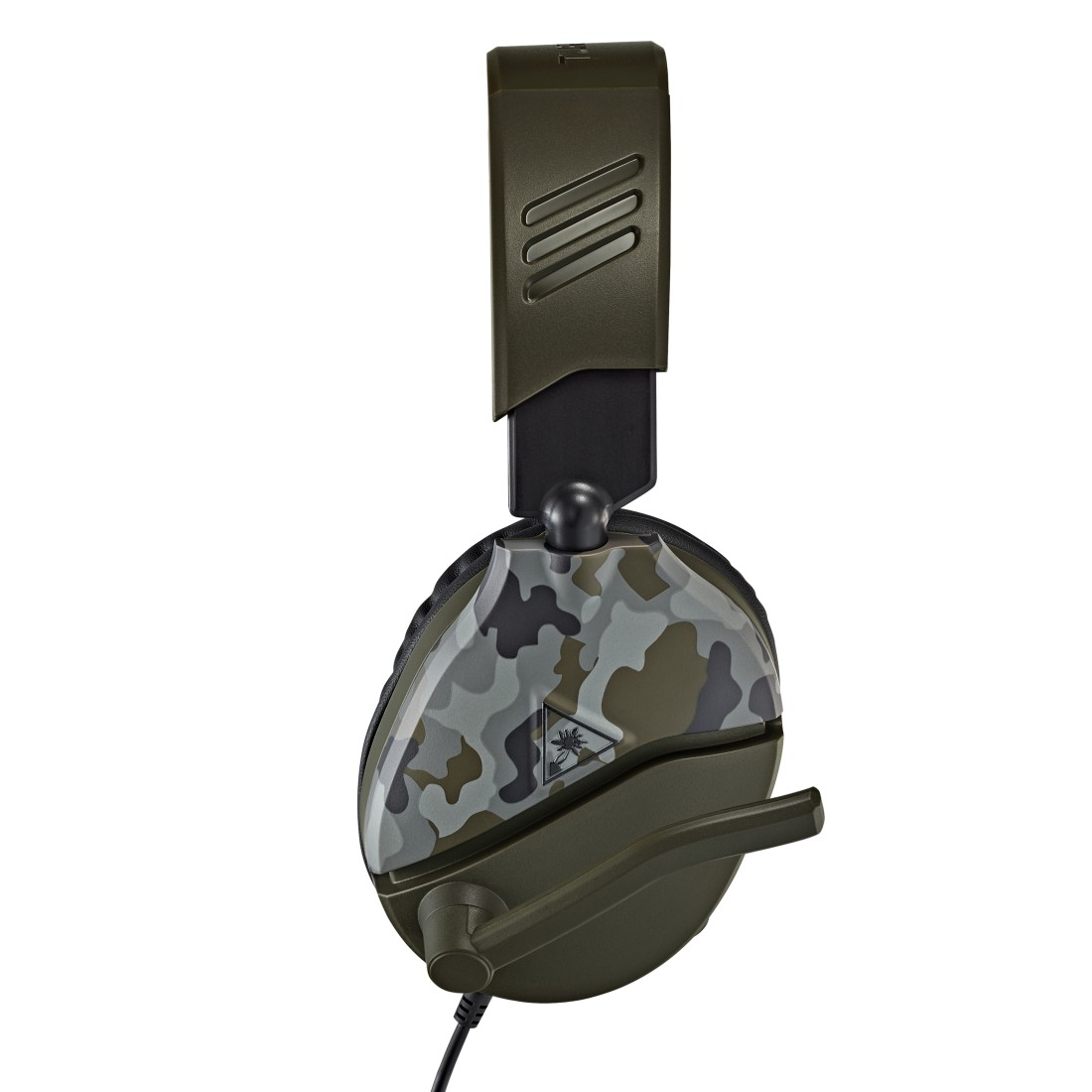 Grünes und Camouflage-Headset, Seitenansicht, mit Mikrofon.