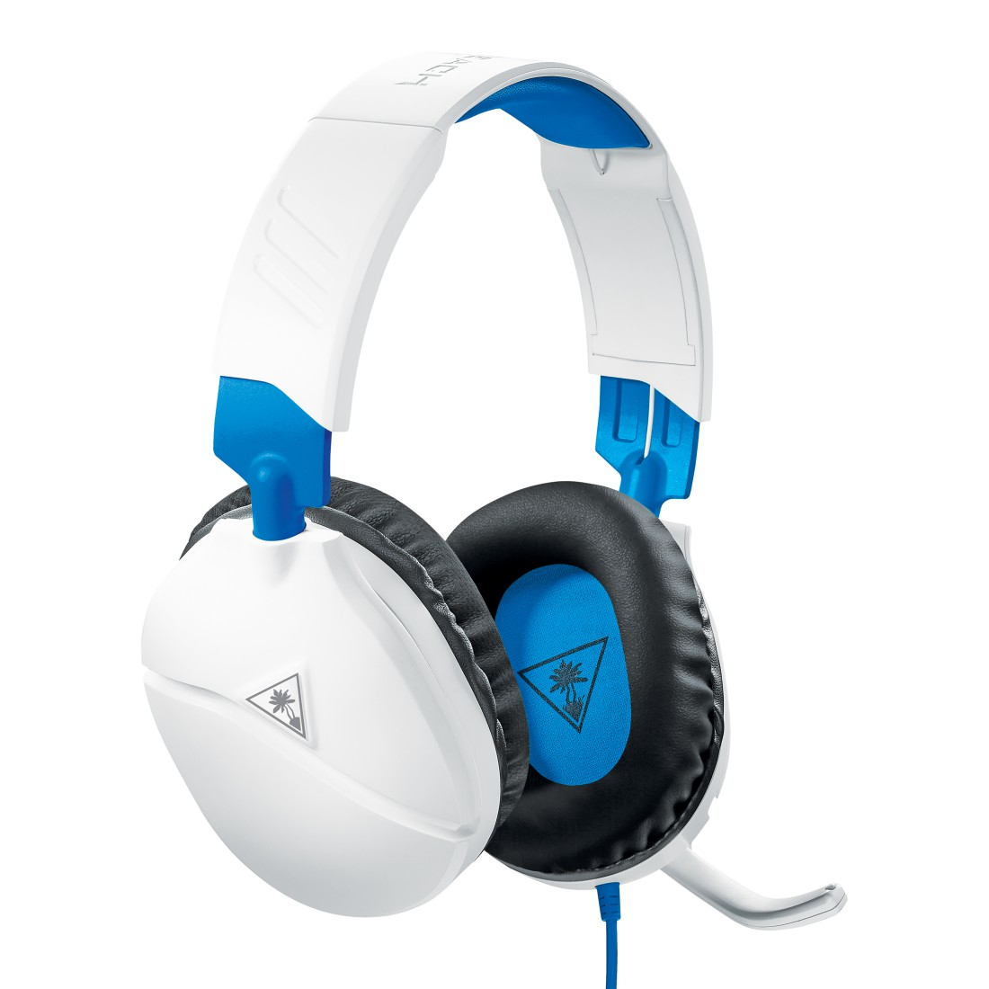 Weißes und blaues Gaming-Headset. Es hat ein Mikrofon. Der Markenname steht oben.