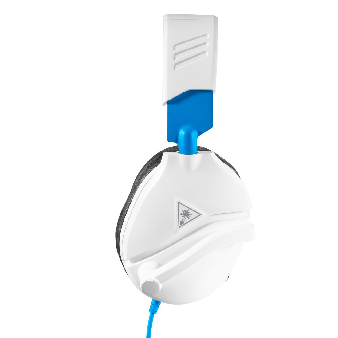 Weißes und blaues Gaming-Headset, Seitenansicht, mit Logo und Kabel.