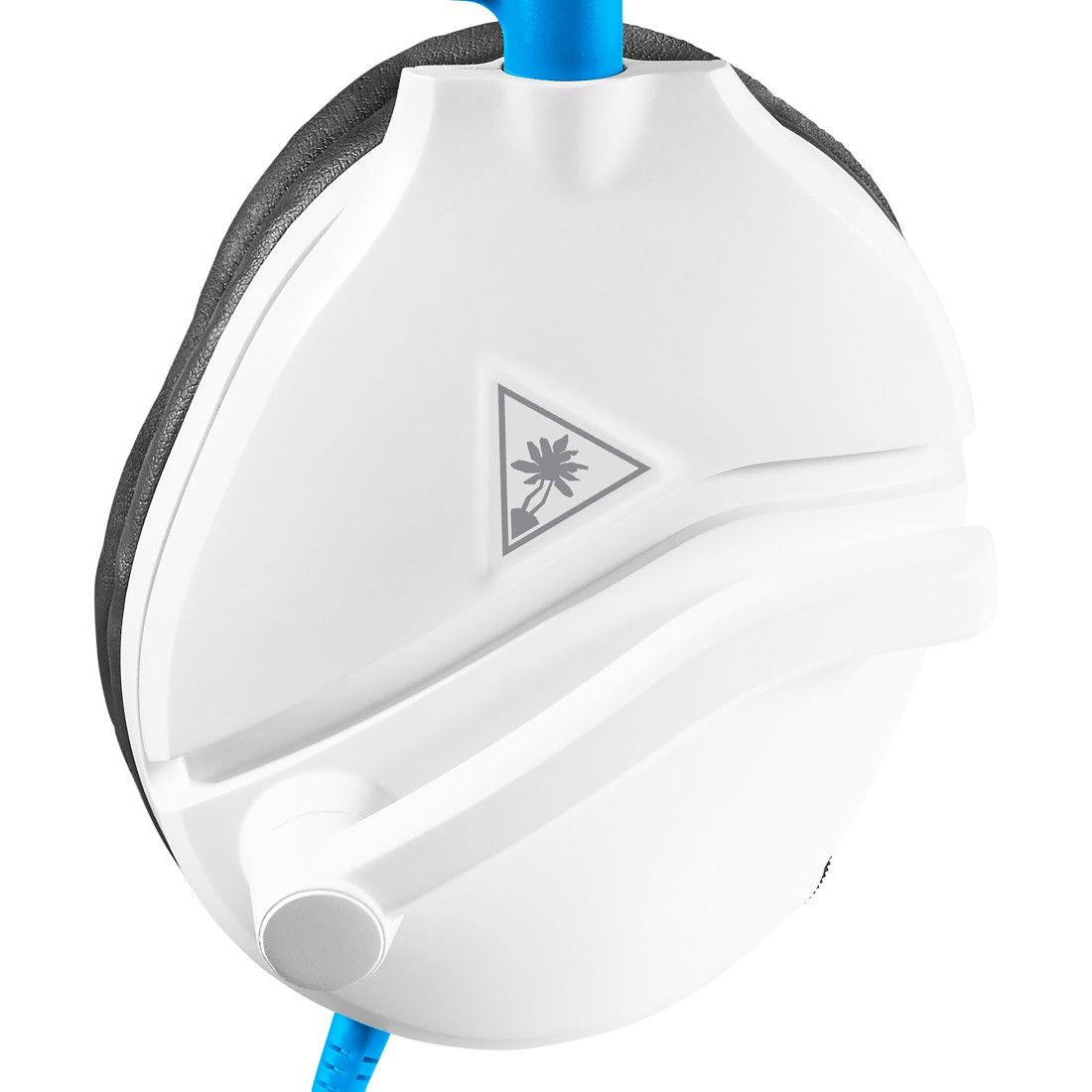 Weißes Gaming-Headset. Das Headset hat ein dreieckiges Logo und ein blaues Kabel.