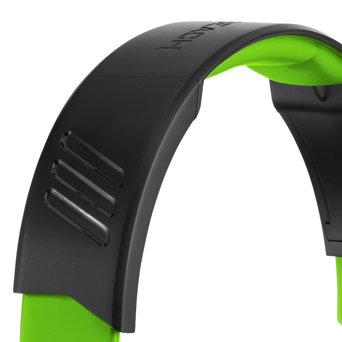 Nahaufnahme des Kopfbandes eines schwarzen und grünen Headsets.