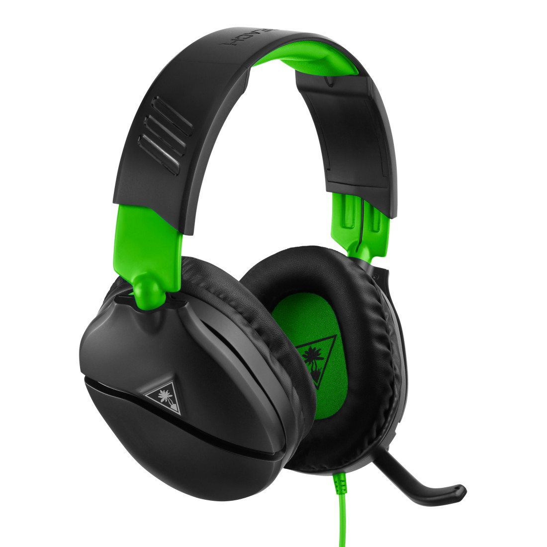 Ein schwarz-grünes Gaming-Headset mit Mikrofon, isoliert auf weißem Hintergrund.