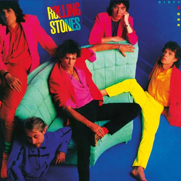 Rolling Stones album borító: zenekar tagjai színes ruhákban, kék háttér.
