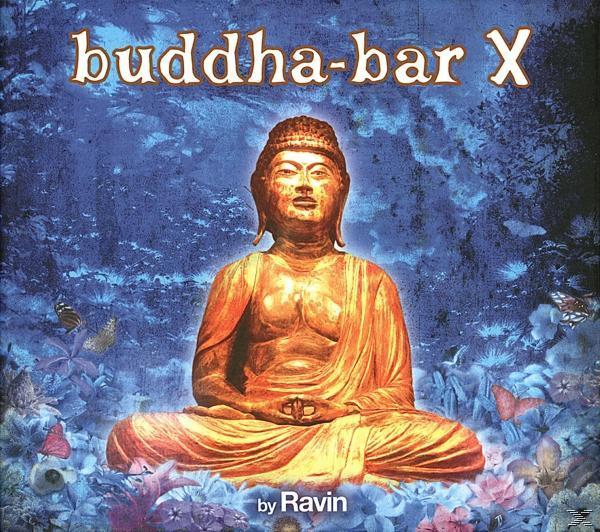 Albumcover 'Buddha-Bar X' mit einer goldenen Buddha-Statue und blauem Blumenhintergrund.