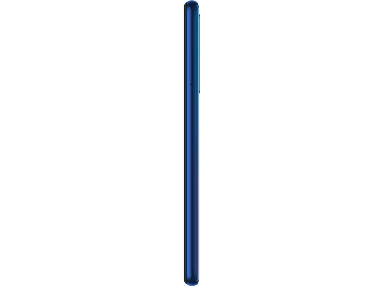 Un teléfono azul delgado de lado. La pantalla es oscura, con fondo negro.