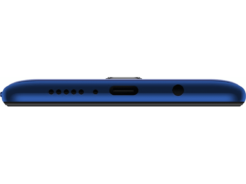 Vista inferior de un teléfono azul con puerto de carga y conector para auriculares.