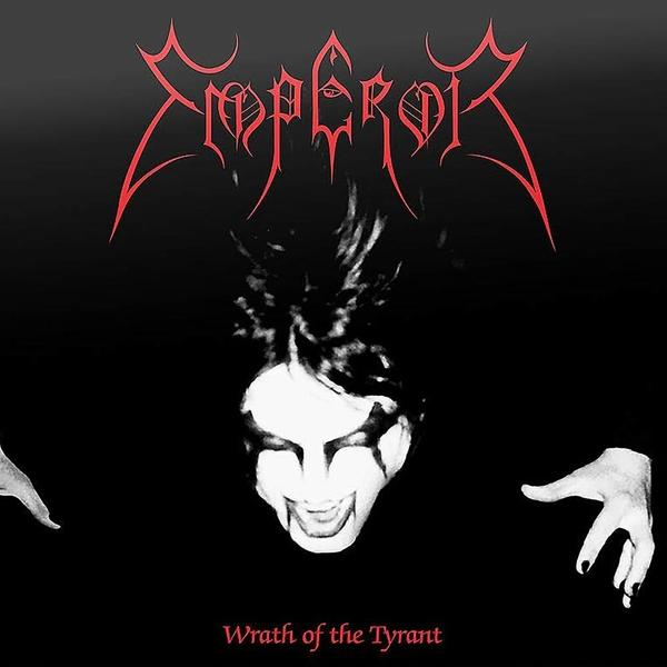Albumhoes voor Emperor's 'Wrath of the Tyrant'. Rood logo op zwarte achtergrond, met een dreigend gezicht en handen.