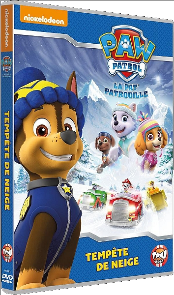 Couverture DVD de Pat' Patrouille : Tempête de neige. Chiens de dessins animés dans des véhicules. Fond de neige et ciel.
