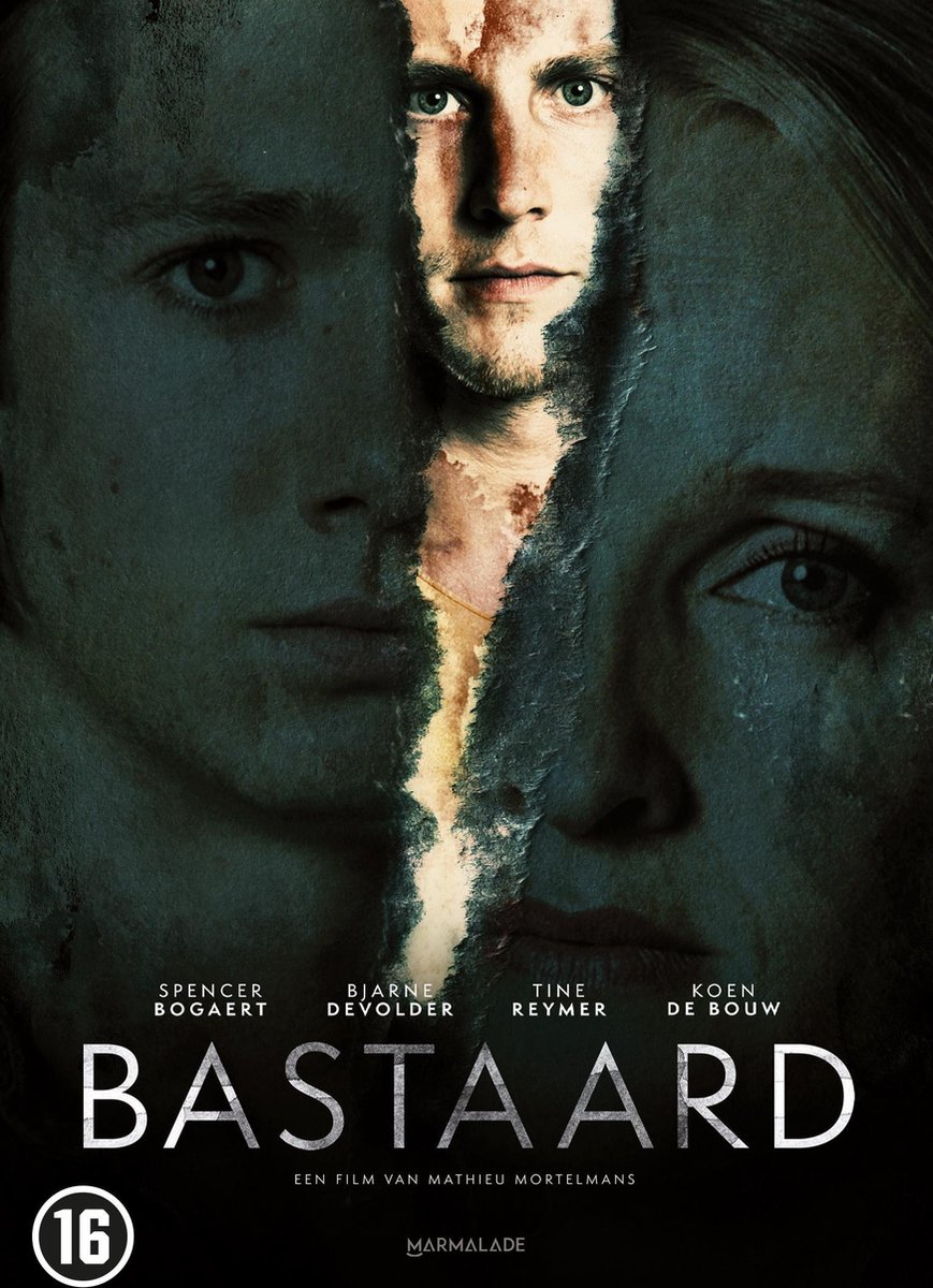 Filmposter met drie gezichten. Tekst zegt 'Bastaard'. Een 16-teken. Er worden donkere en sombere kleuren gebruikt.