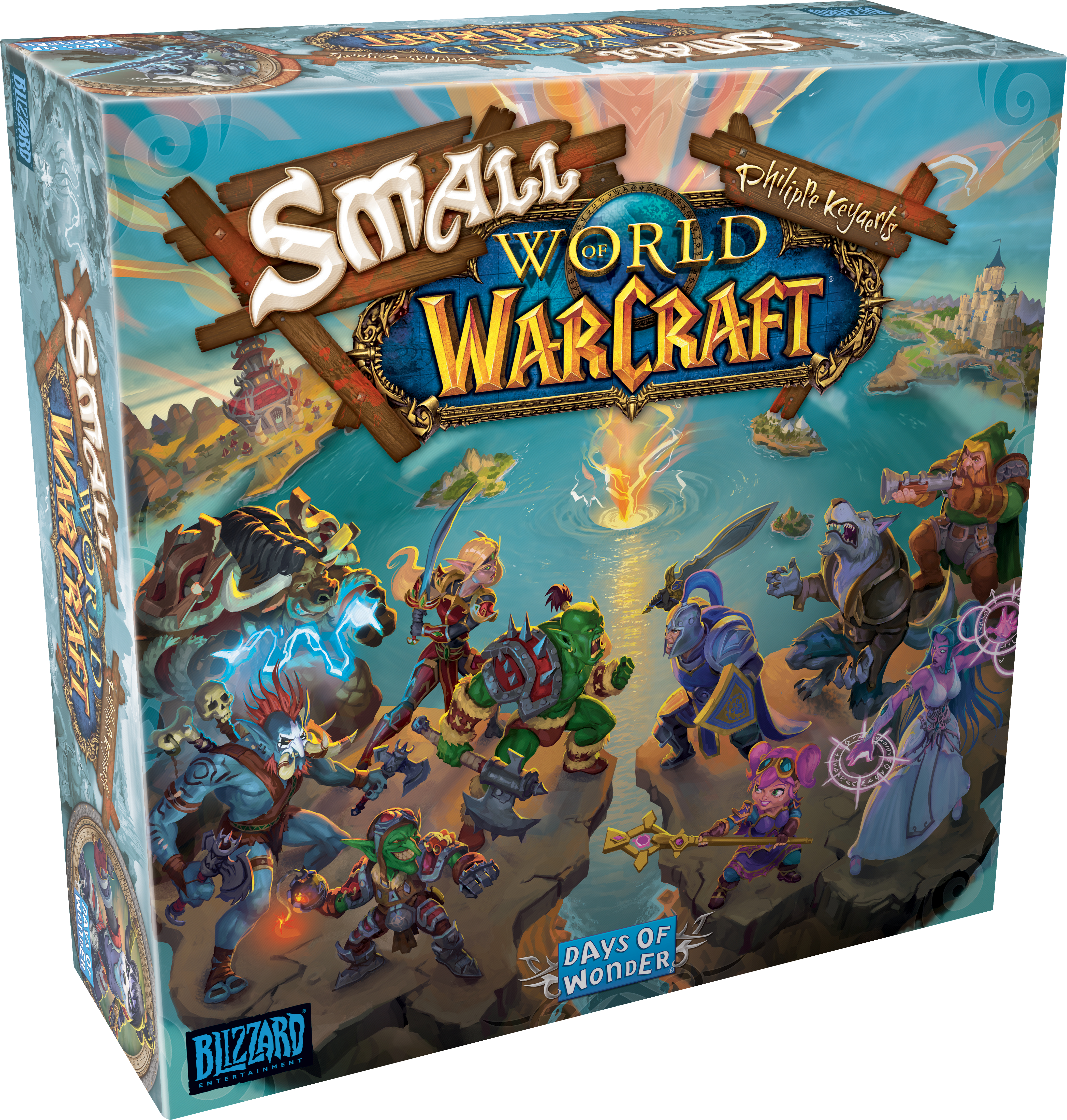 Schachtel des Spiels Small World of Warcraft, mit vielen Fantasy-Charakteren.