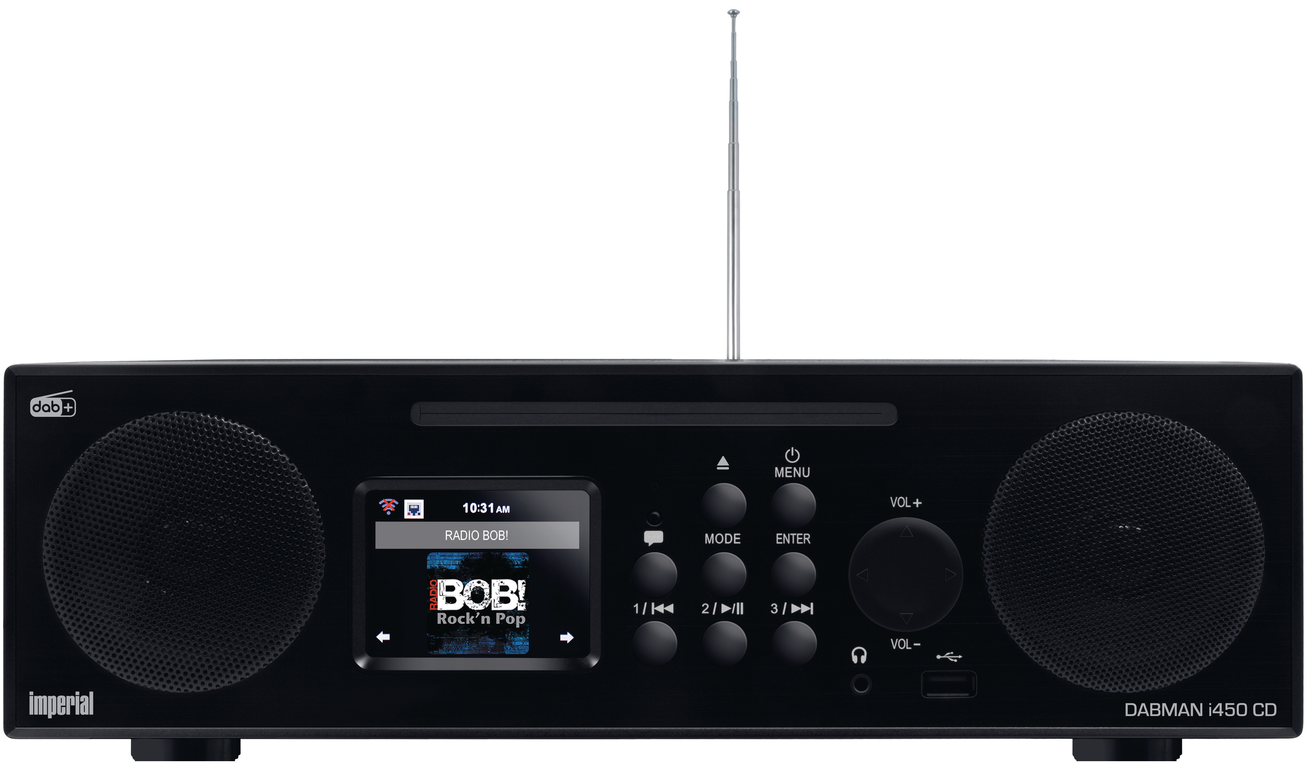 Schwarzes Radio mit Display, das Radioinformationen anzeigt. Tasten und ein Drehregler sind vorhanden.