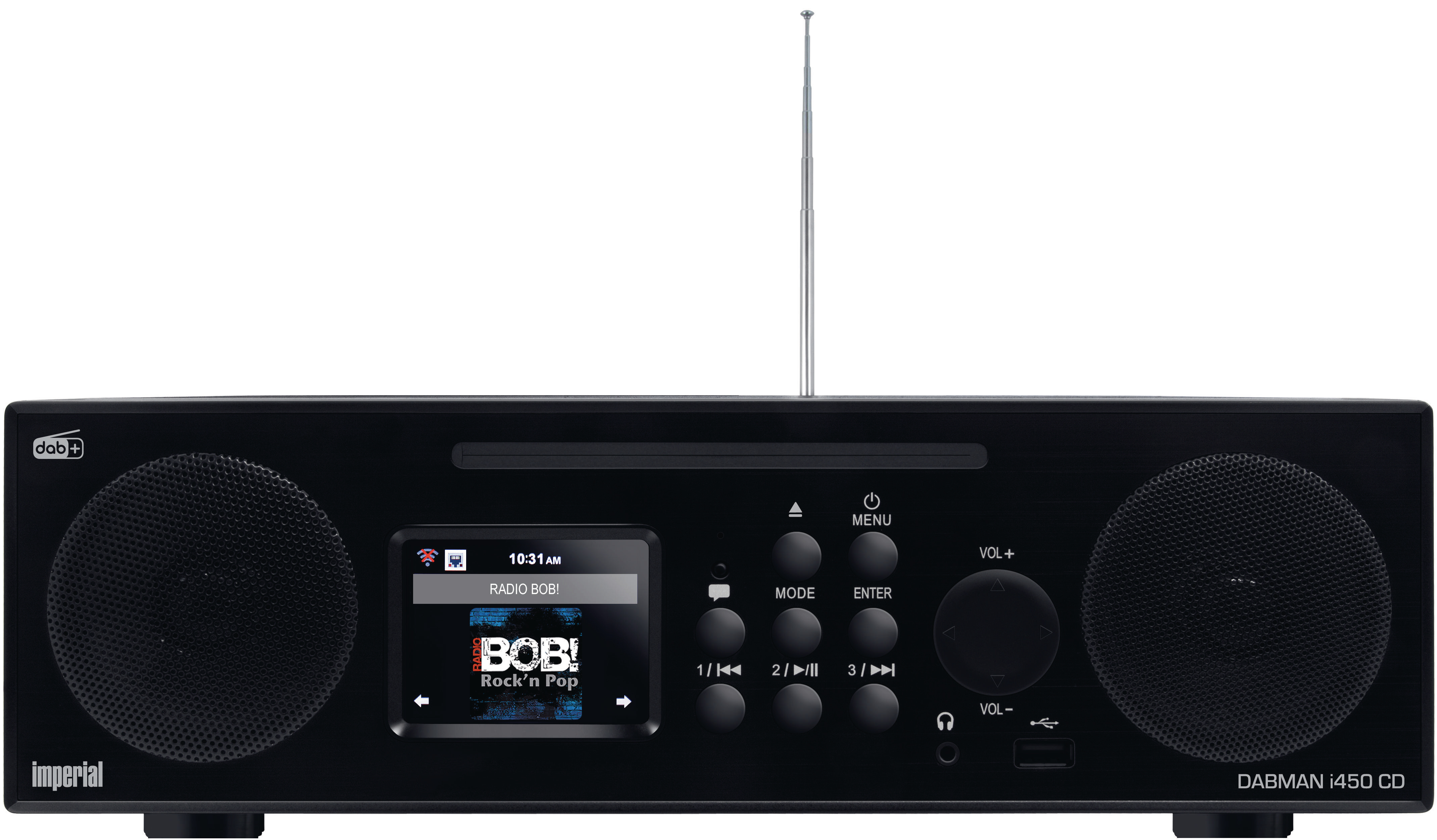 Schwarzes DAB-Radio mit Bildschirm, der Radioinformationen und Bedienelemente anzeigt.