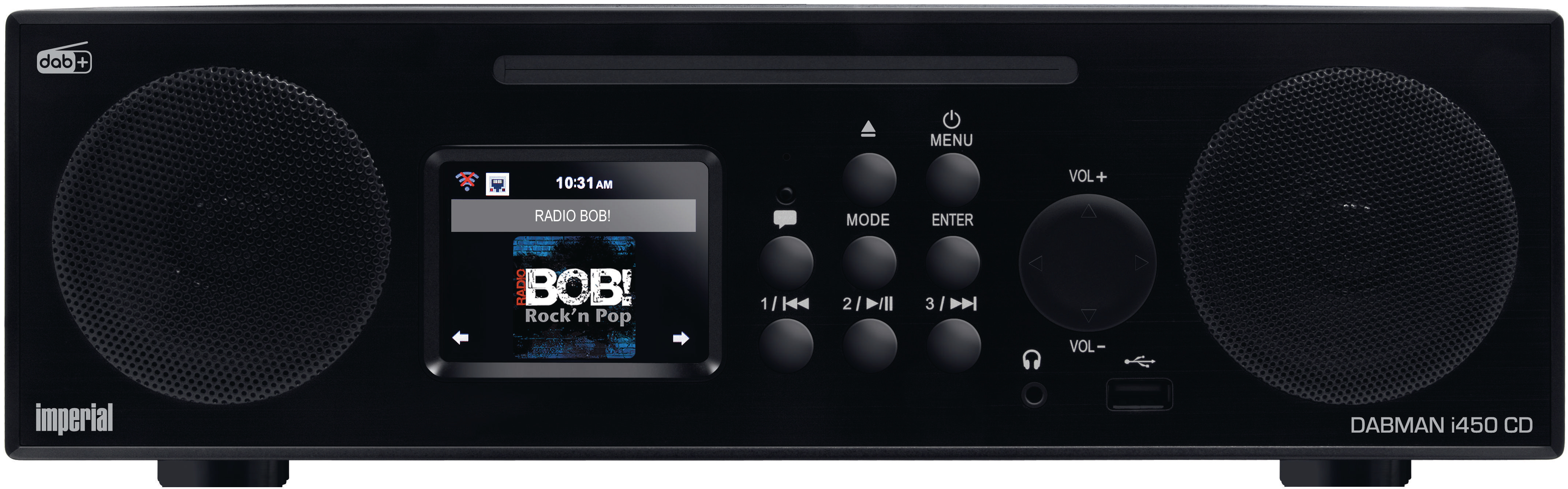 Schwarzes Digitalradio mit Bildschirm, Knöpfen und zwei Lautsprechern.