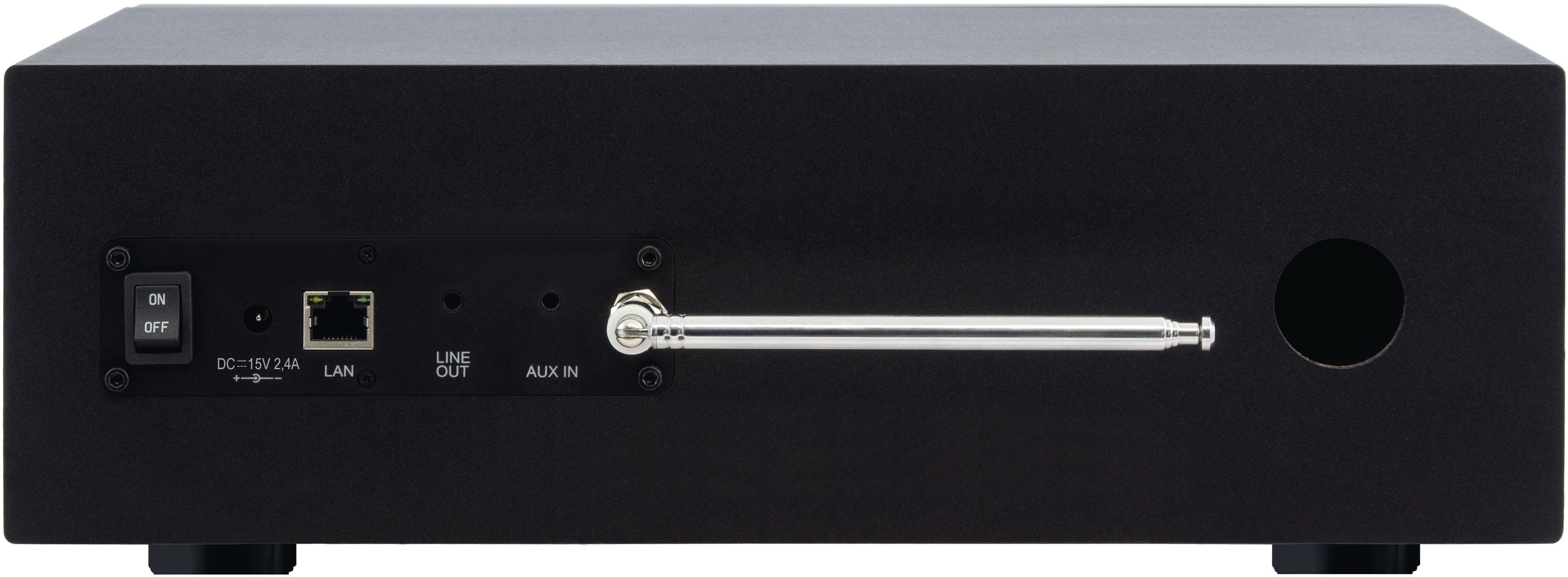 Die Rückseite eines schwarzen Audio-Receivers mit verschiedenen Ein- und Ausgängen und einer Antenne.