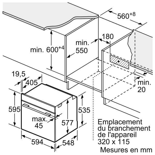 Diagramme montrant les dimensions du four encastrable en mm. Comprend les dimensions de hauteur, largeur et profondeur.