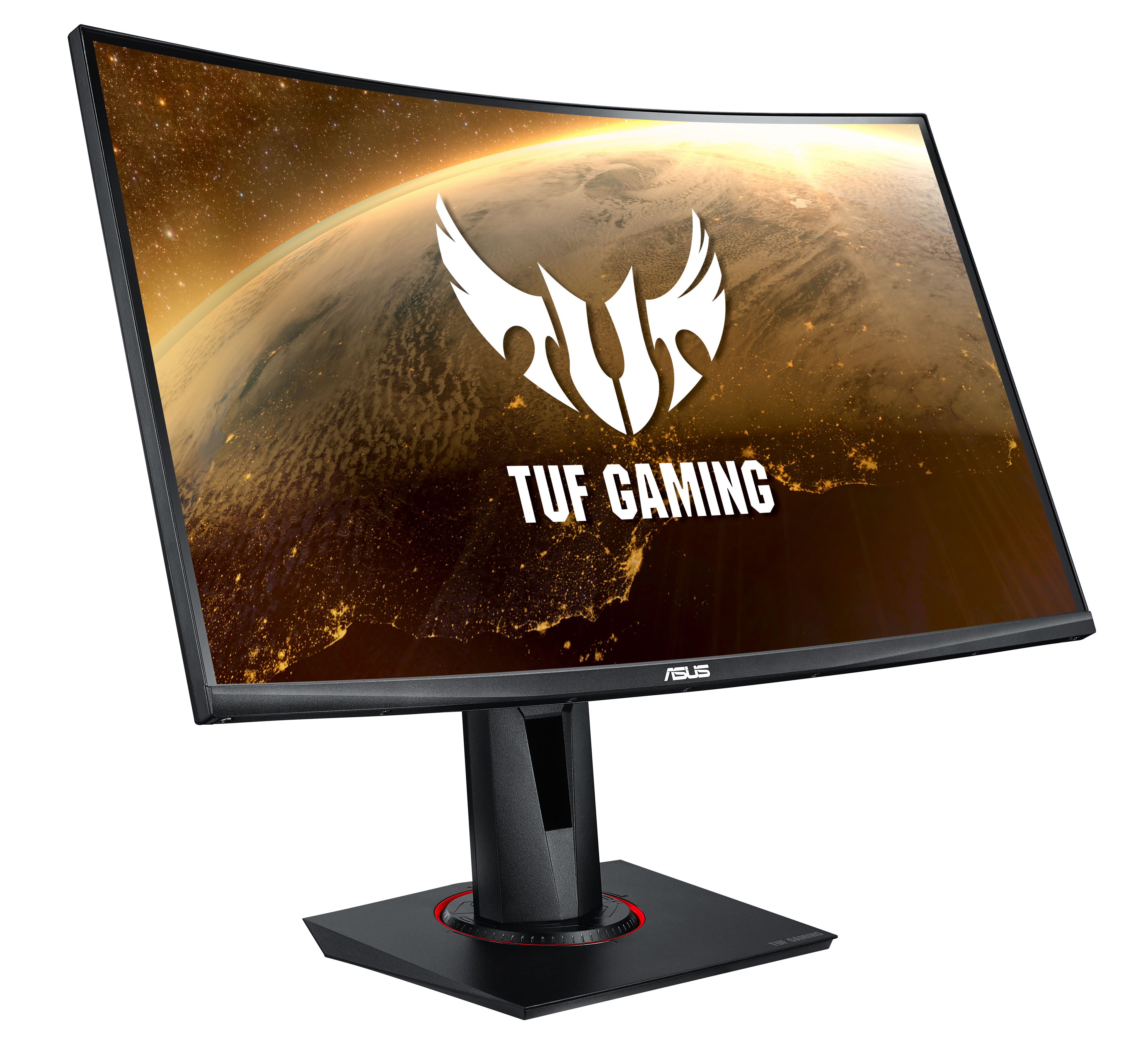Gebogener Gaming-Monitor mit Logo und raumähnlichem Hintergrund.