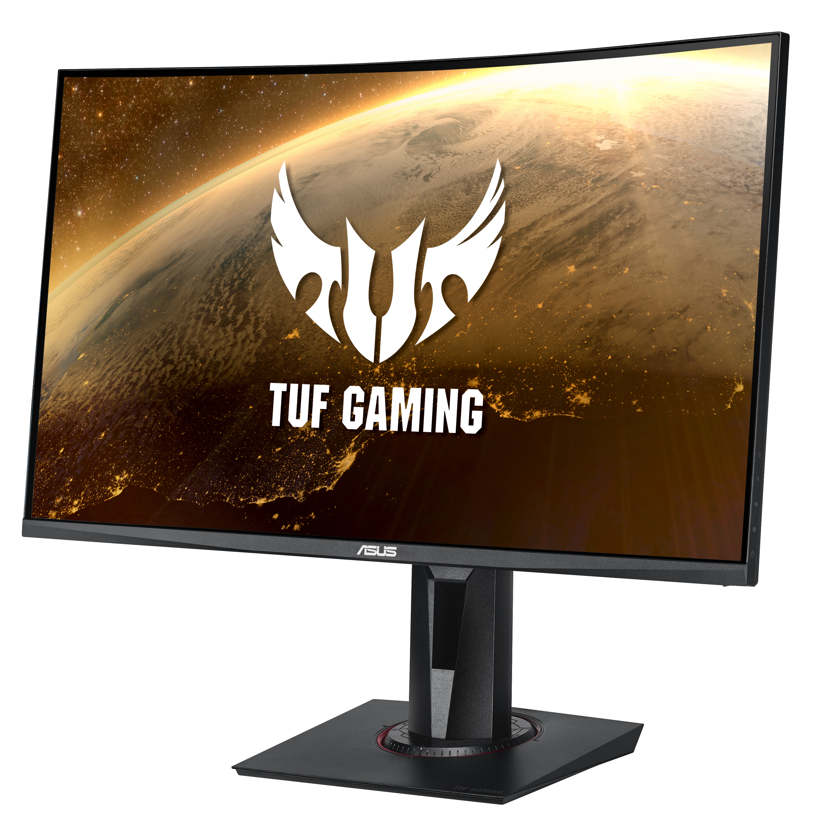 Gebogener Gaming-Monitor, der eine Spielszene anzeigt, mit dem TUF GAMING-Logo oben.