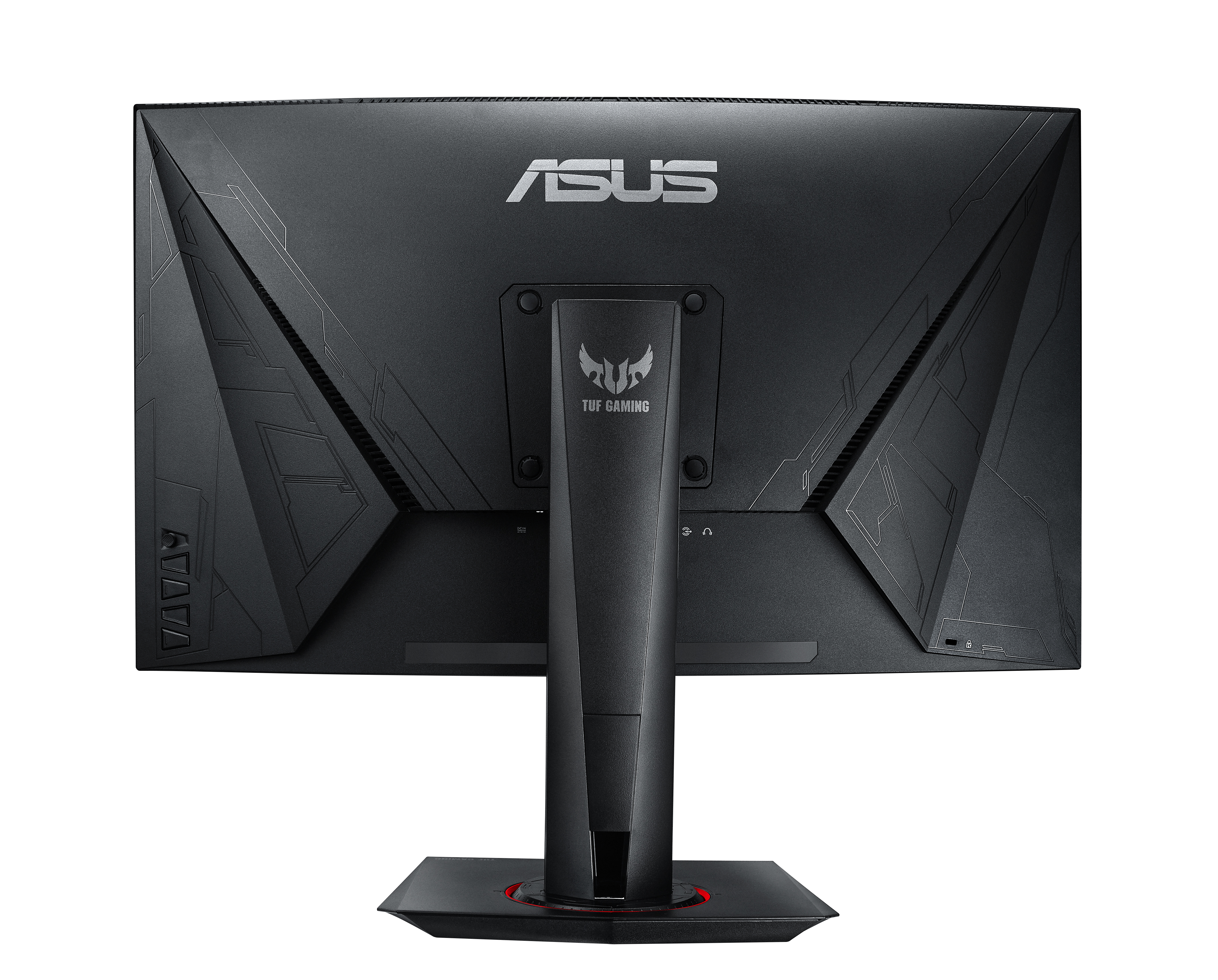 Rückansicht eines schwarzen Monitors mit den Logos ASUS und TUF GAMING.