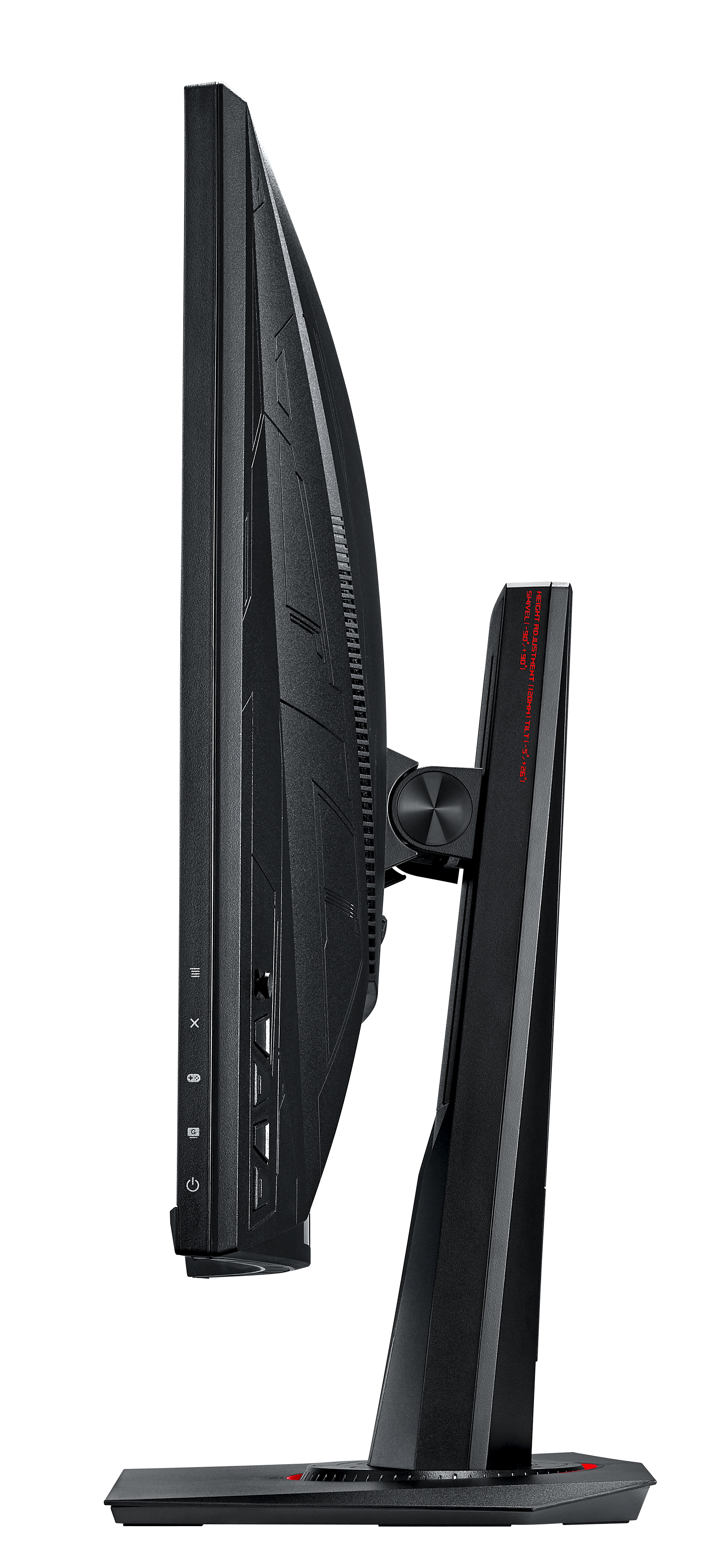 Ein schwarzer Gaming-Monitor von der Seite mit roten Akzenten und einem Ständer.