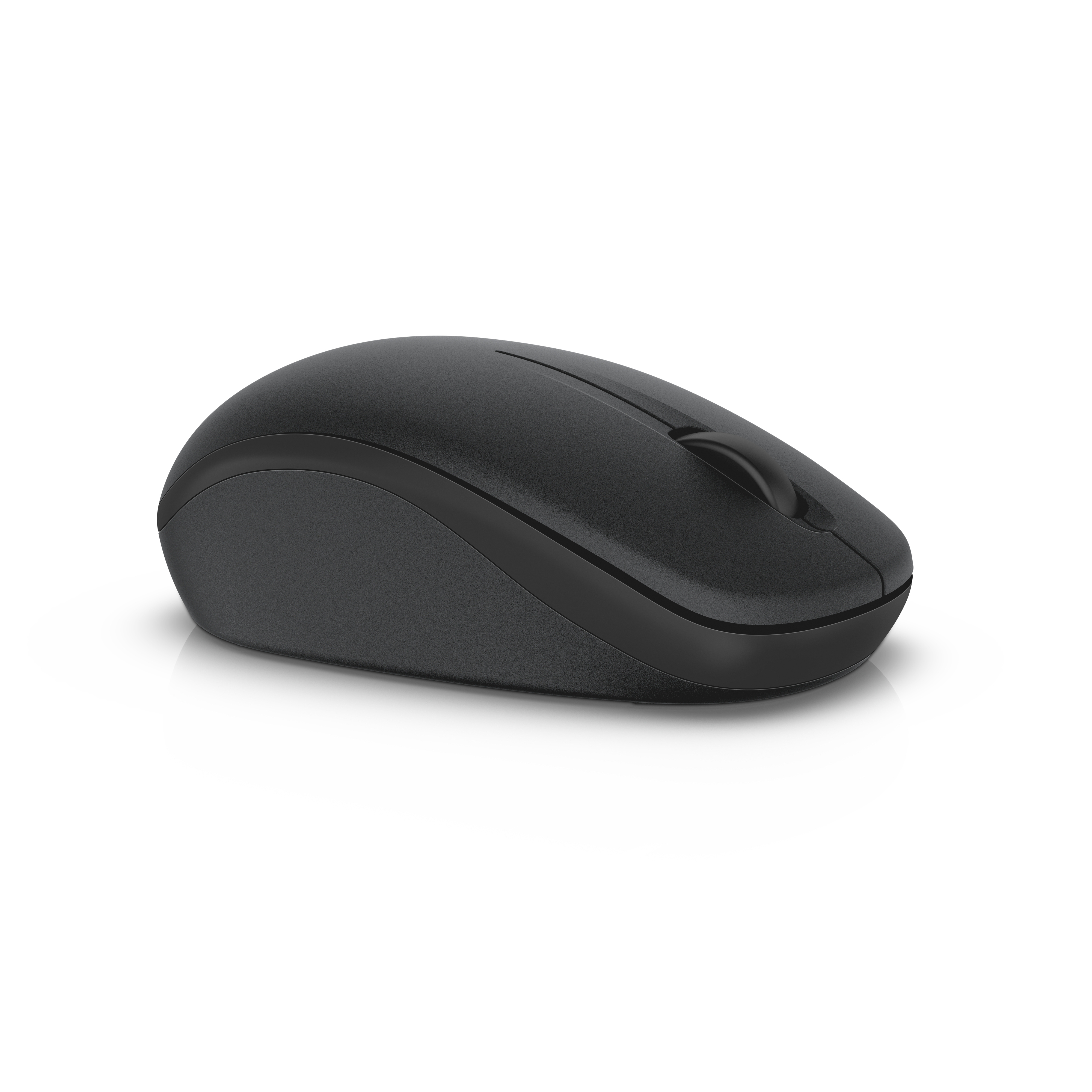 Eine schwarze Computermaus liegt auf weißem Untergrund. Sie hat zwei Tasten und ein Scrollrad.