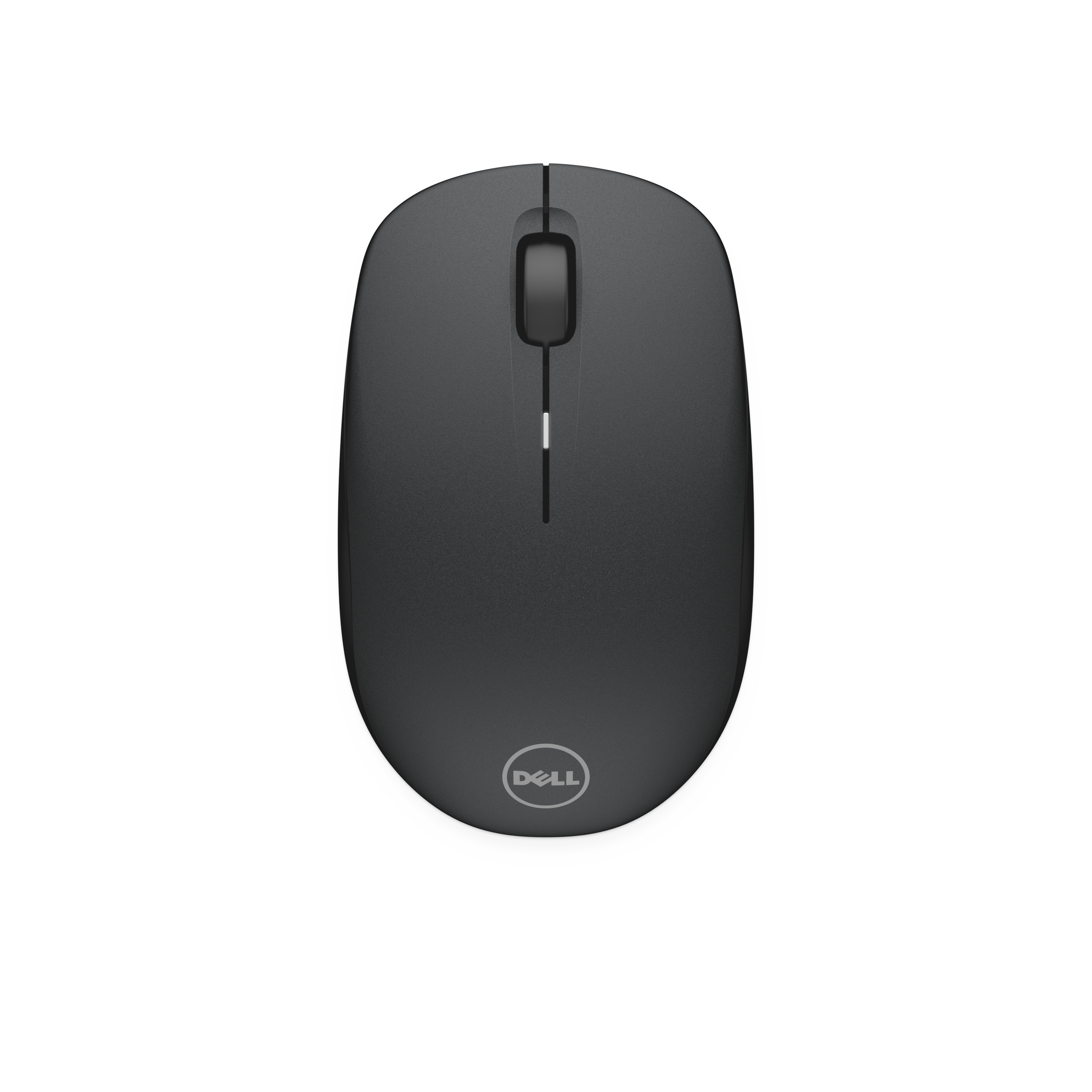 Eine schwarze drahtlose Dell-Maus auf weißem Hintergrund. Sie hat ein Scrollrad und das Dell-Logo.