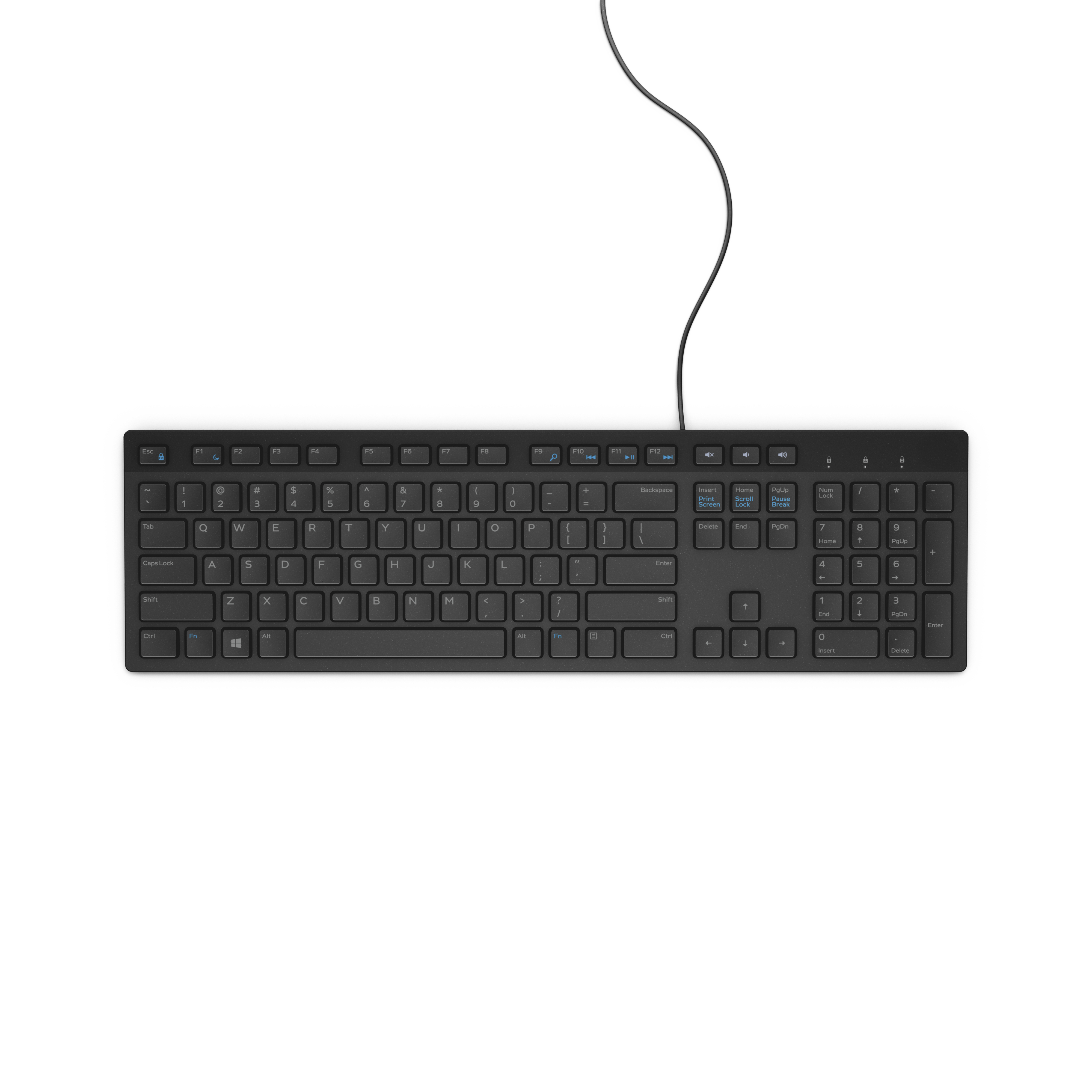 Schwarz-weiße Tastatur mit vielen Tasten und einem Kabel.