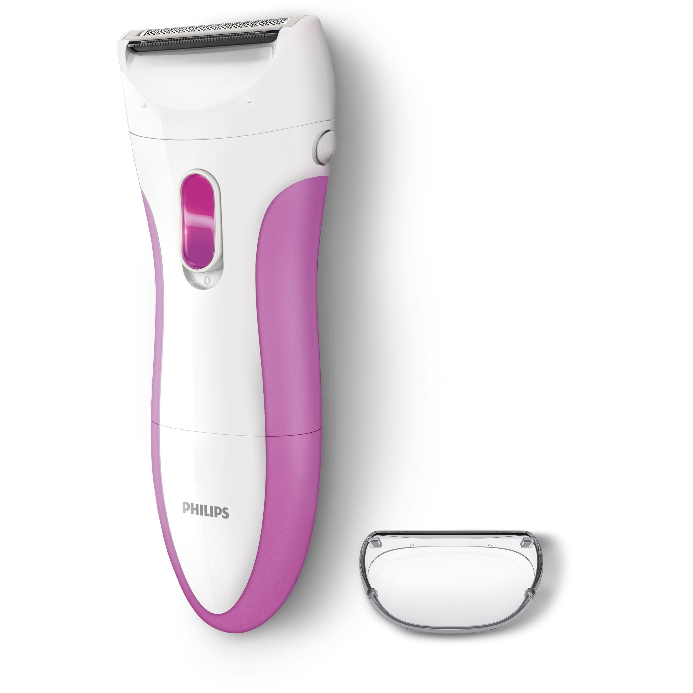 A white and pink Philips women's electric shaver with a blade cover.