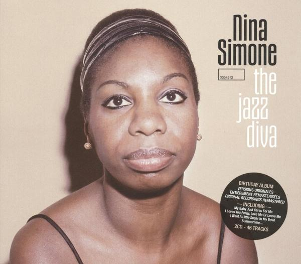 Nina Simone albumhoes. Close-up gezicht met tekst eromheen.