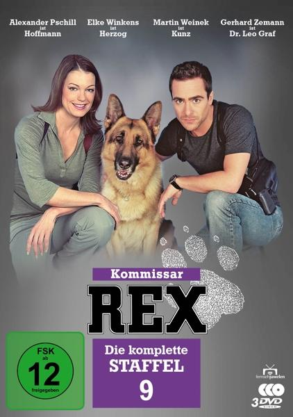 DVD-Cover: Zwei Personen mit Hund, Text Kommissar Rex und Logo.