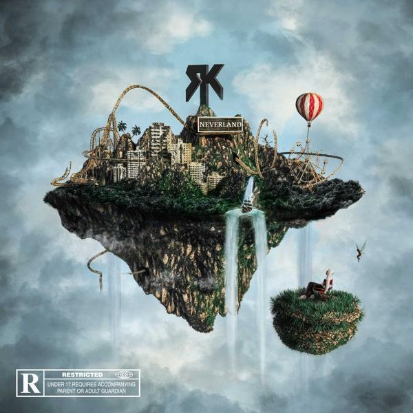 Fantasy album cover. Zwevend eiland met achtbaan, waterval en reuzenrad. Titel: Neverland.