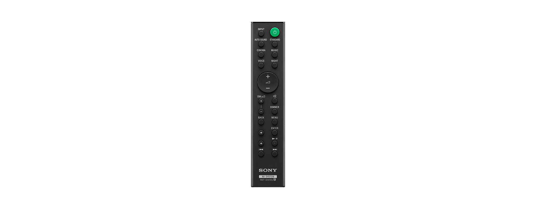 Fekete Sony távirányító fekete háttéren gombokkal és zöld bekapcsológombbal.