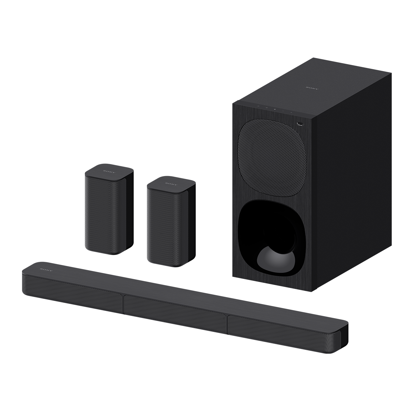 Fekete házimozi rendszer: soundbar, mélynyomó és két szatellit hangszóró fekete háttéren.