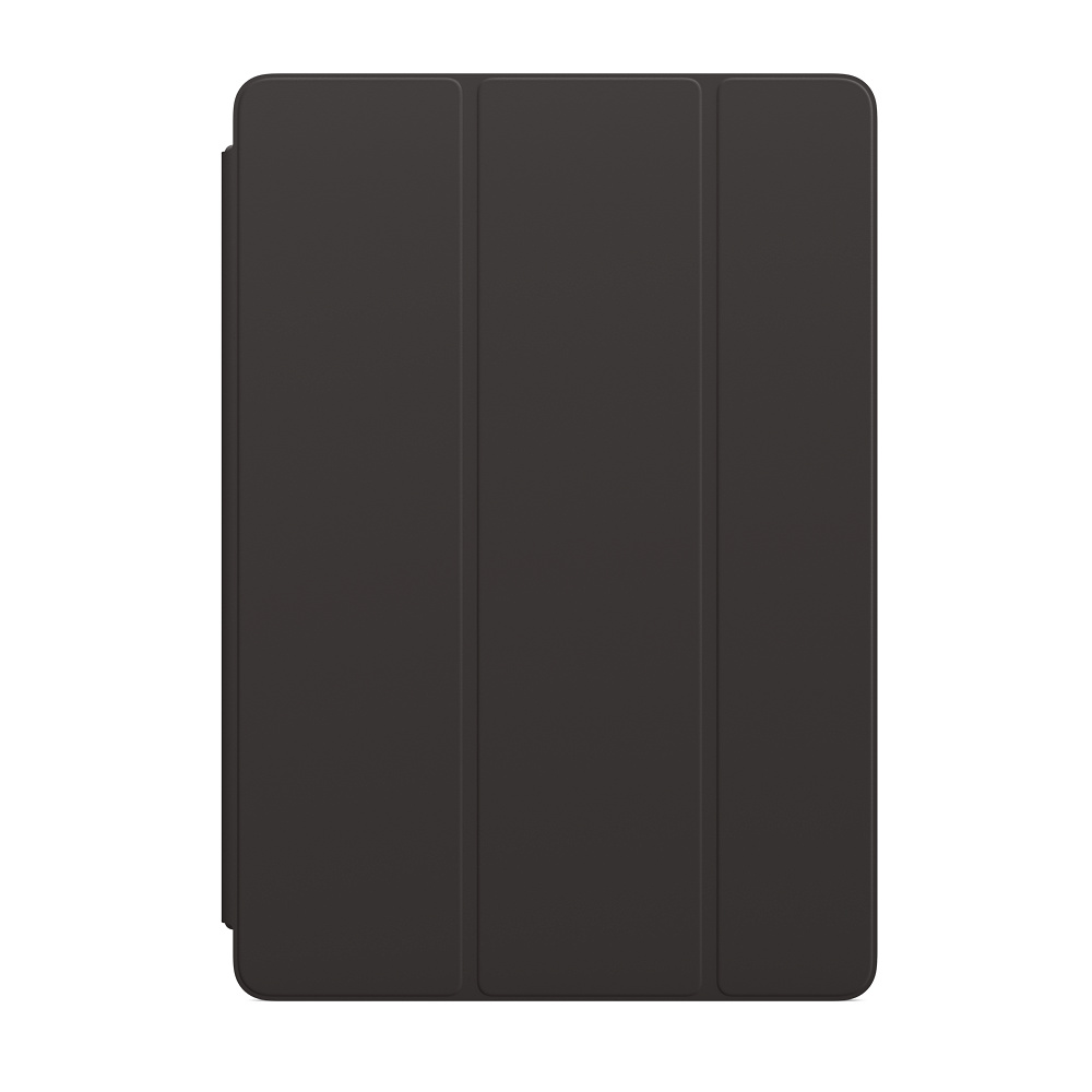 Kapalı konumda siyah bir tablet kılıfı. Dikdörtgen ve düz, pürüzsüz bir yüzeye sahip.
