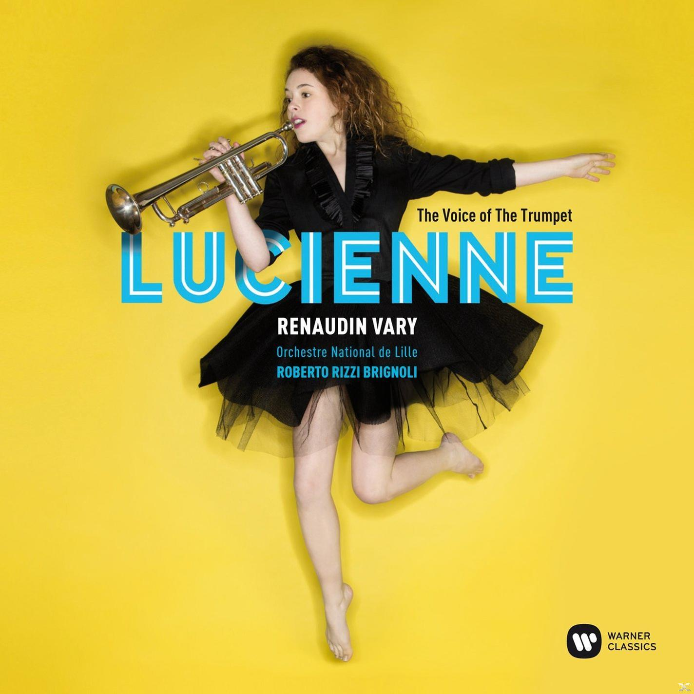 Nő trombitával, sárga háttér, szöveg: Lucienne, The Voice of the Trumpet.