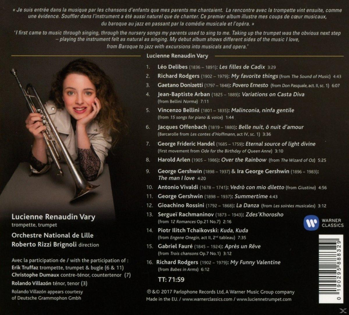 Egy nő trombitával és egy zenei album borítójával.