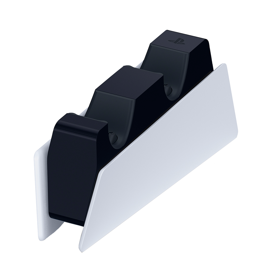 Gaming accessoire: Een wit PS5 oplaadstation met twee zwarte controllers.