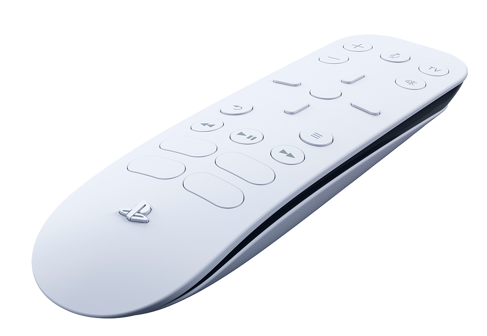 White PlayStation remote control with buttons and the PlayStation logo on black.