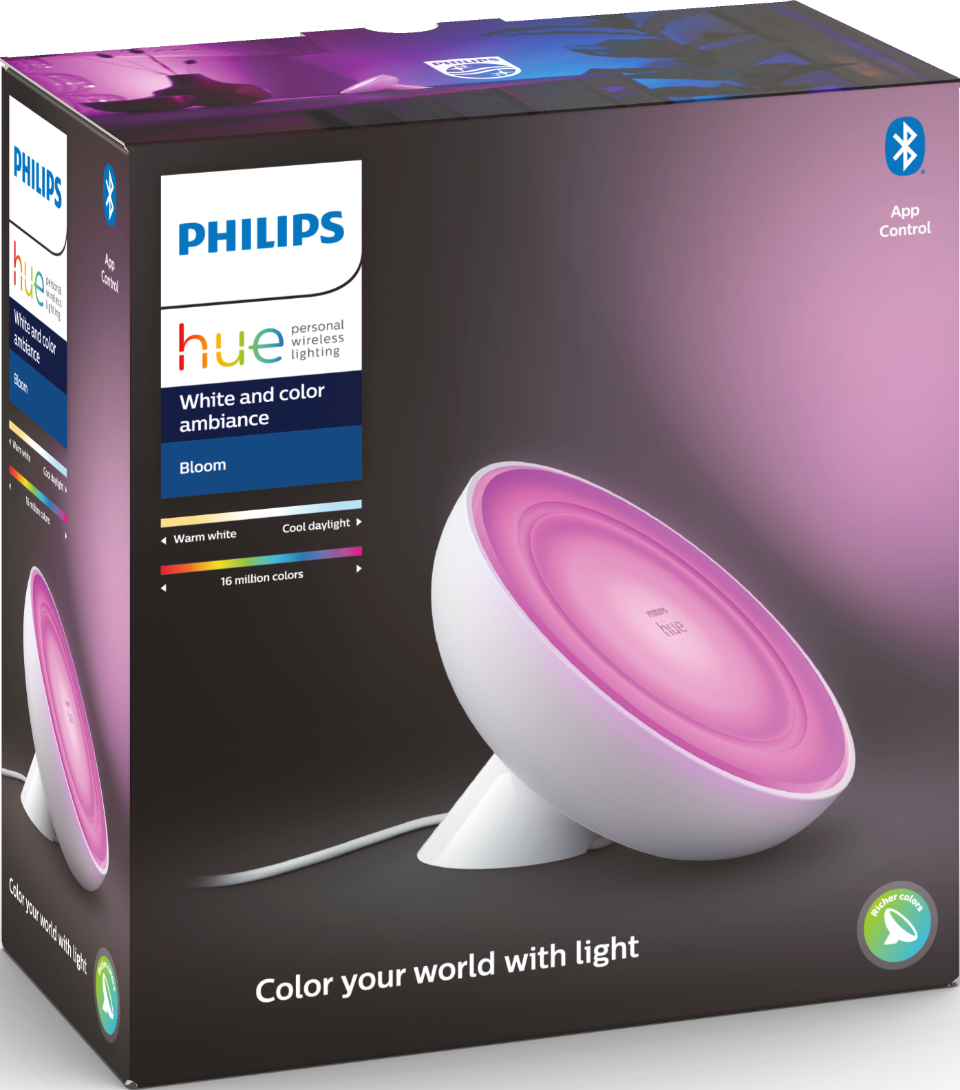 Weiße und pinkfarbene Philips Hue Bloom Lampe vor einer Box mit der gleichen Lampe.