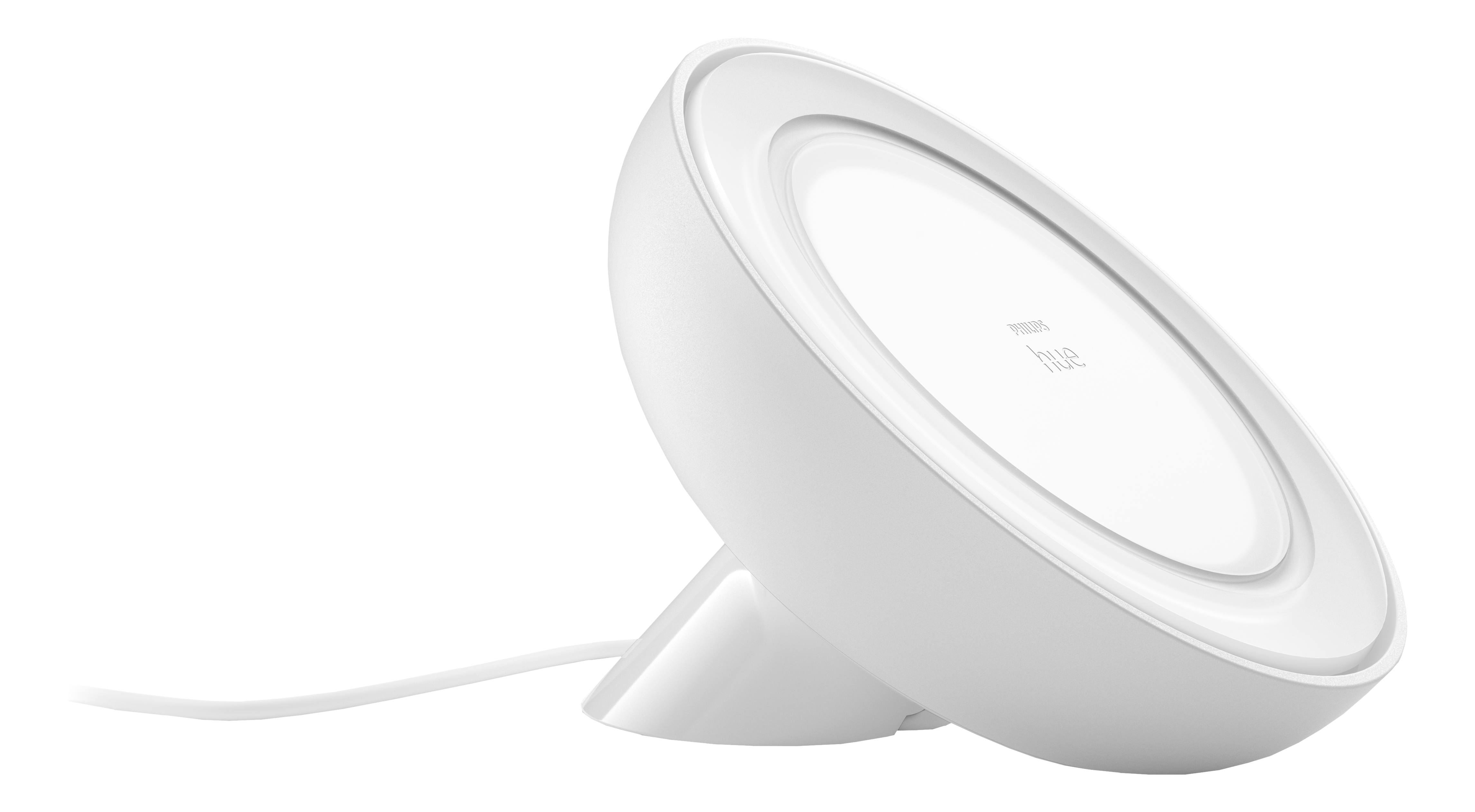 Weiße, abgewinkelte Smart-Lampe mit weißem Kabel. Philips Hue.